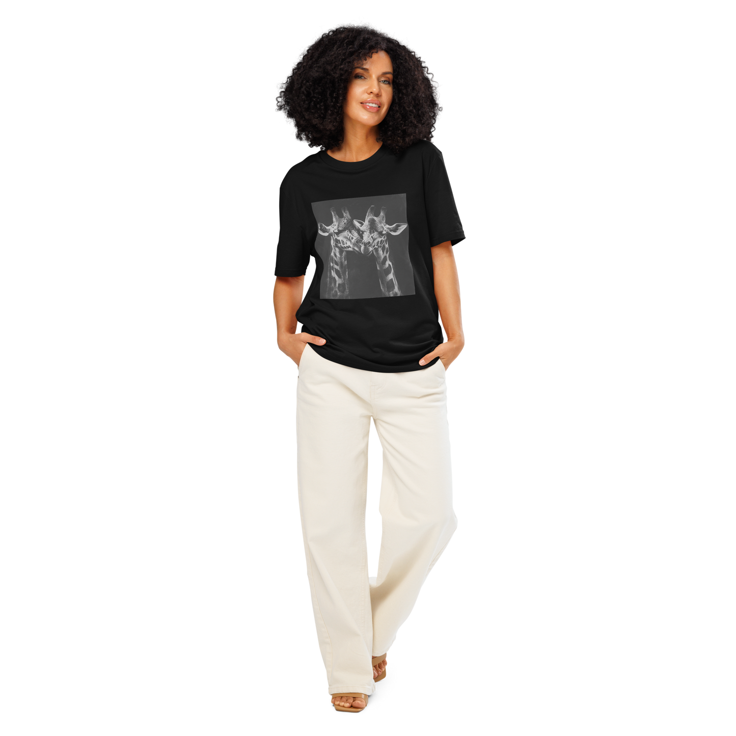 Print 'Giraffe Couple B&W' Organic Ribbed Neck T-shirt MILTTI