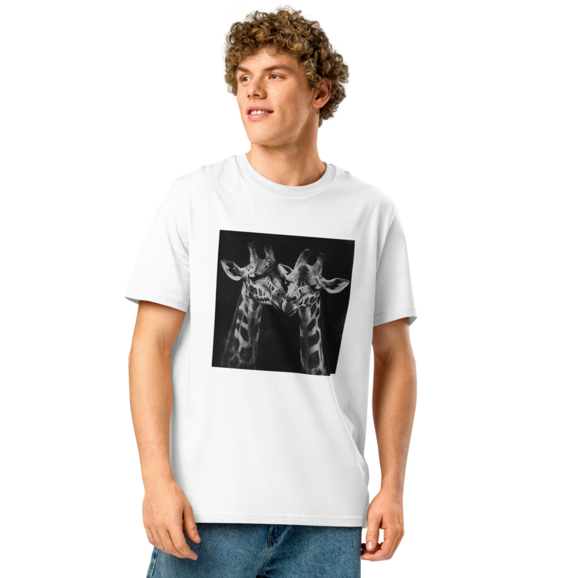 Print 'Giraffe Couple B&W' Organic Ribbed Neck T-shirt MILTTI