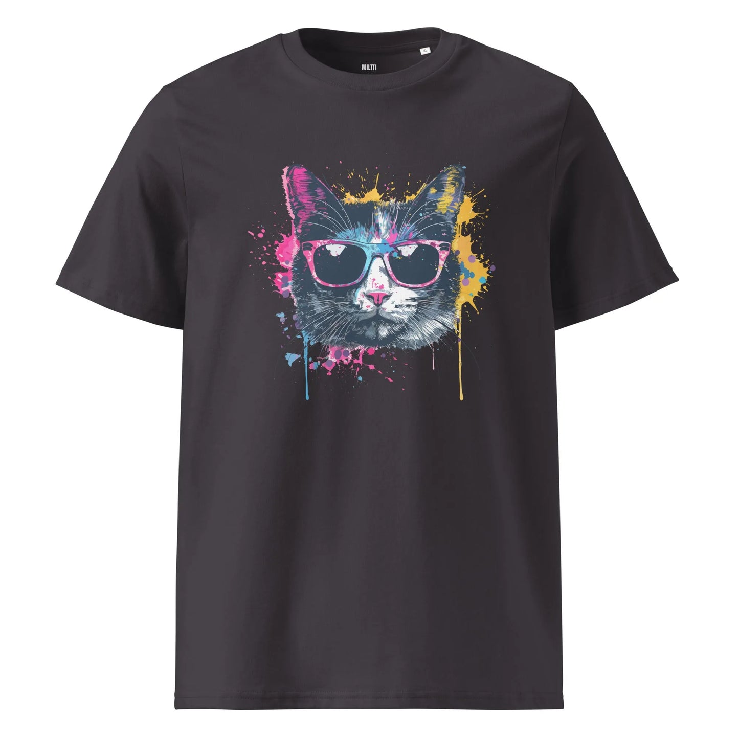 Print 'Pop Cat' Organic Ribbed Neck T-shirt Anthracite MILTTI
