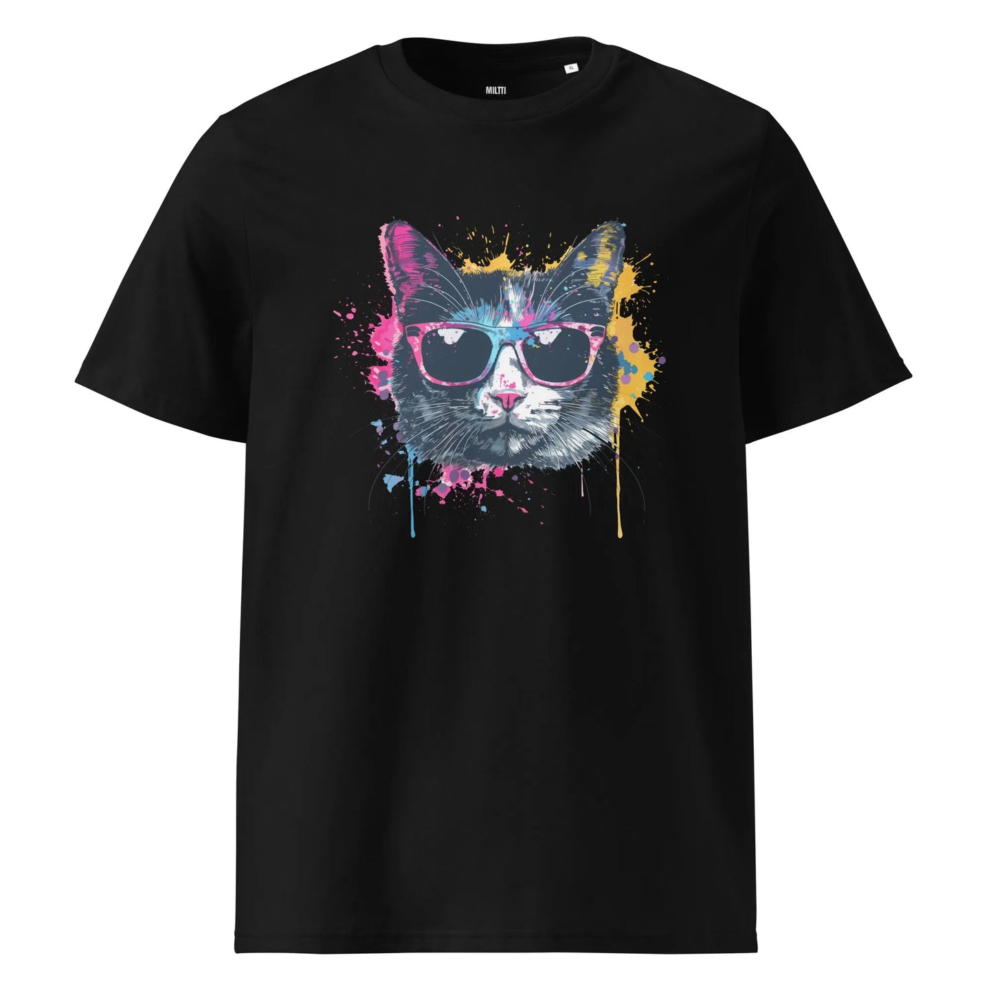 Print 'Pop Cat' Organic Ribbed Neck T-shirt Black MILTTI