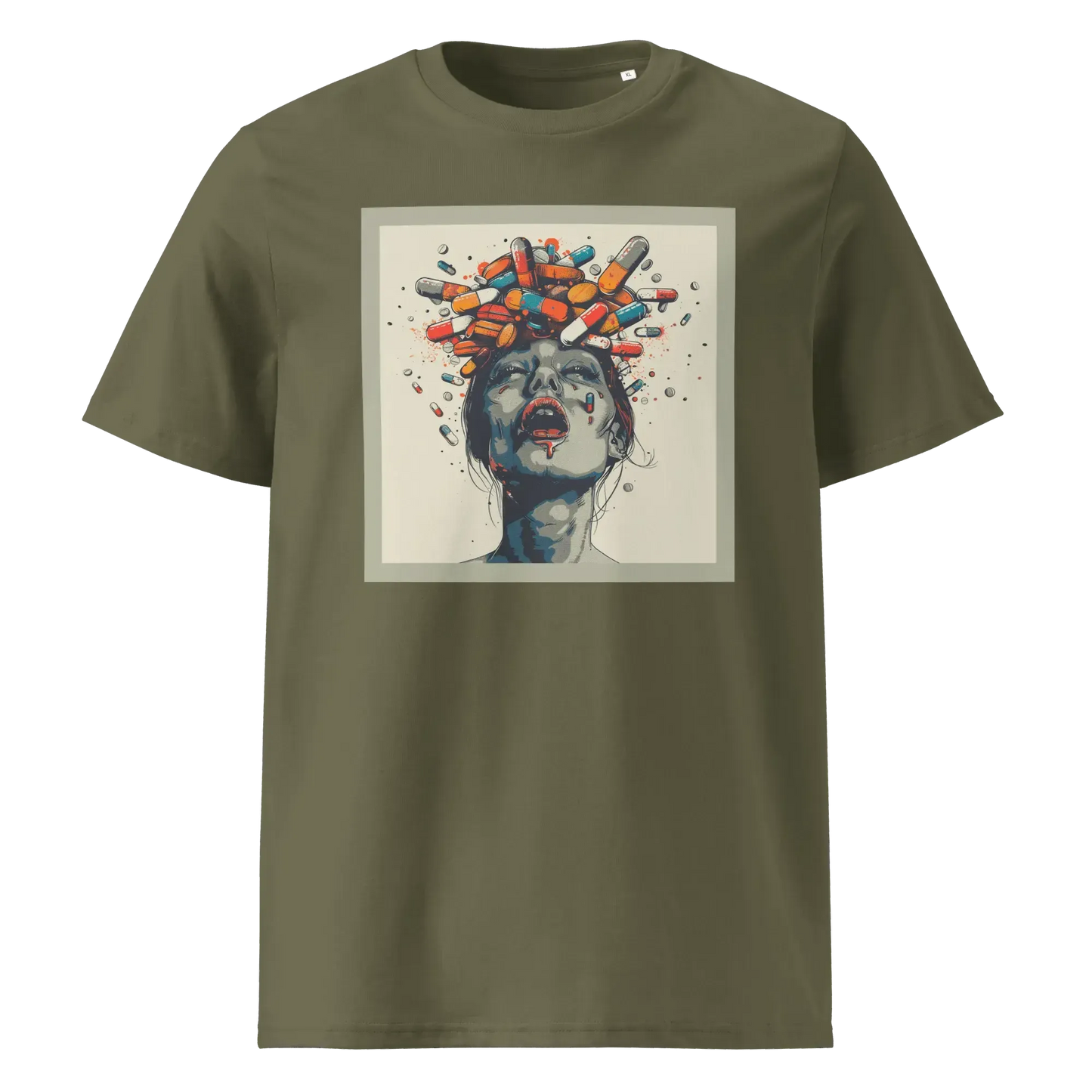 Print 'Crazy Pills' Organic Cotton T-shirt Khaki MILTTI