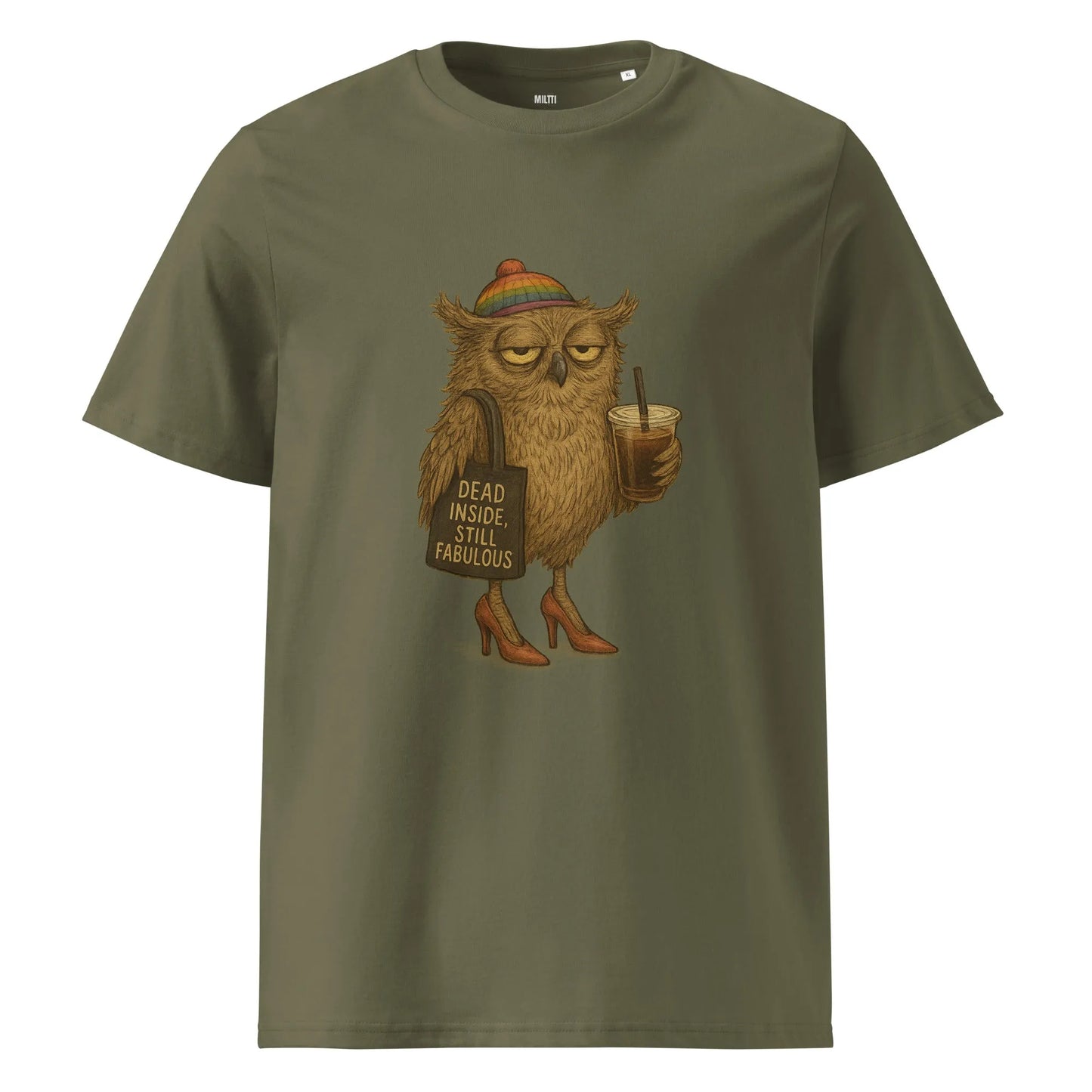 Print 'Fabulous Owl' Organic T-shirt Khaki MILTTI