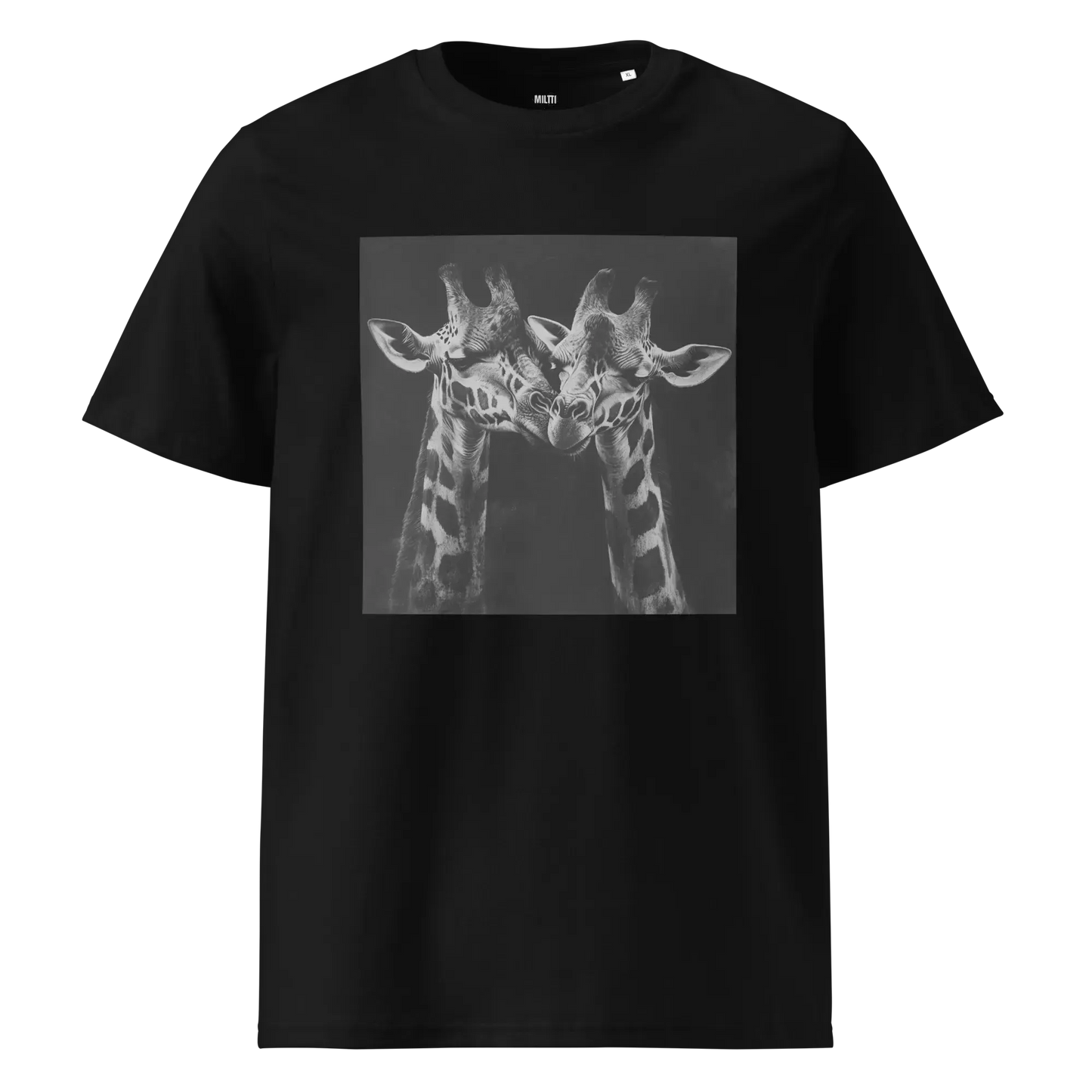 Print 'Giraffe Couple B&W' Organic Ribbed Neck T-shirt Black MILTTI