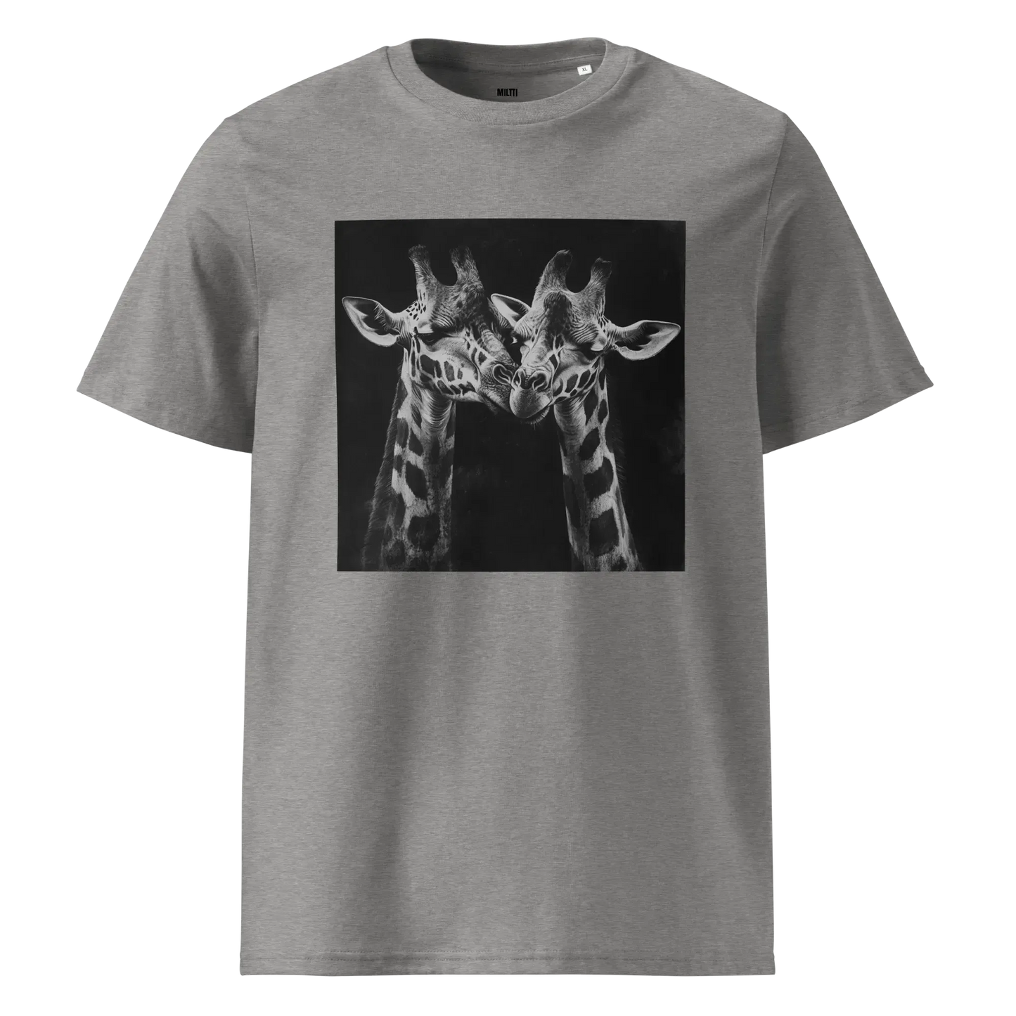 Print 'Giraffe Couple B&W' Organic Ribbed Neck T-shirt Heather Grey MILTTI