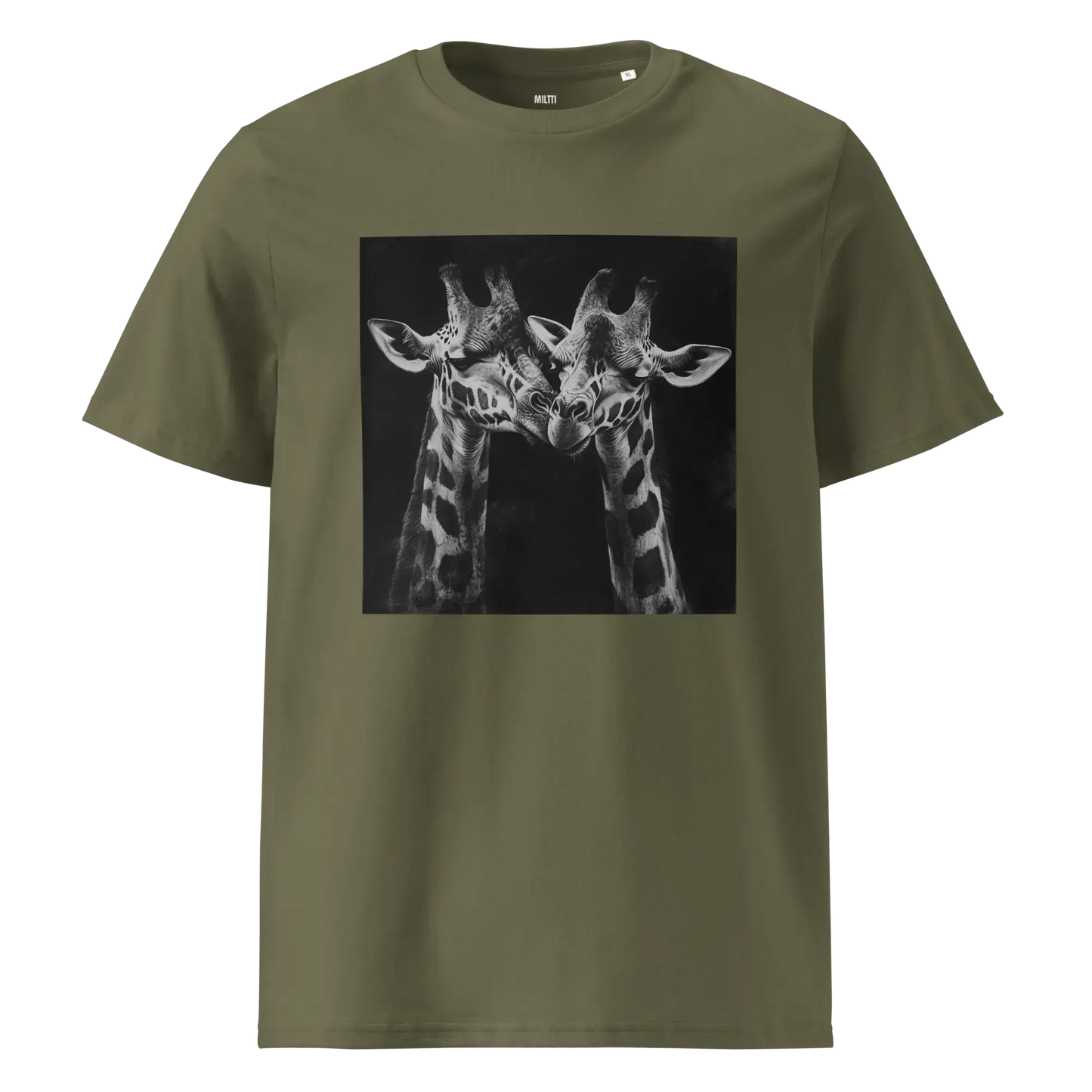 Print 'Giraffe Couple B&W' Organic Ribbed Neck T-shirt Khaki MILTTI