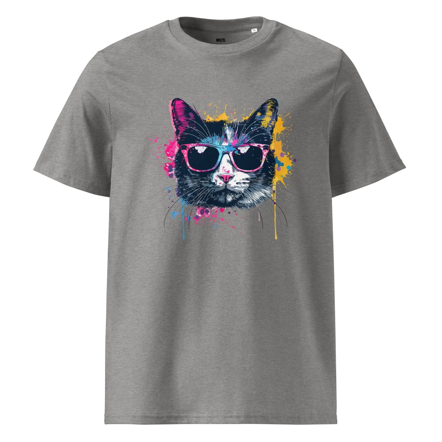 Print 'Pop Cat' Organic Ribbed Neck T-shirt Heather Grey MILTTI