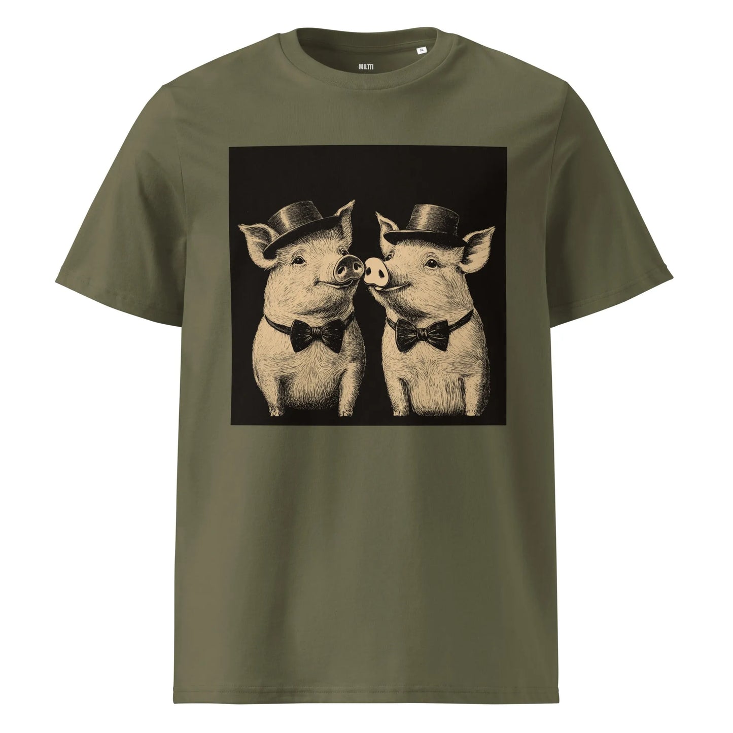 Print 'Pig Couple' Organic T-shirt Khaki MILTTI