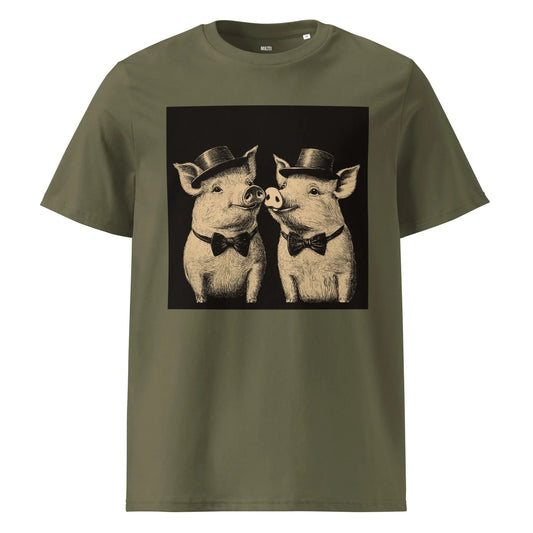 Print 'Pig Couple' Organic T-shirt Khaki MILTTI