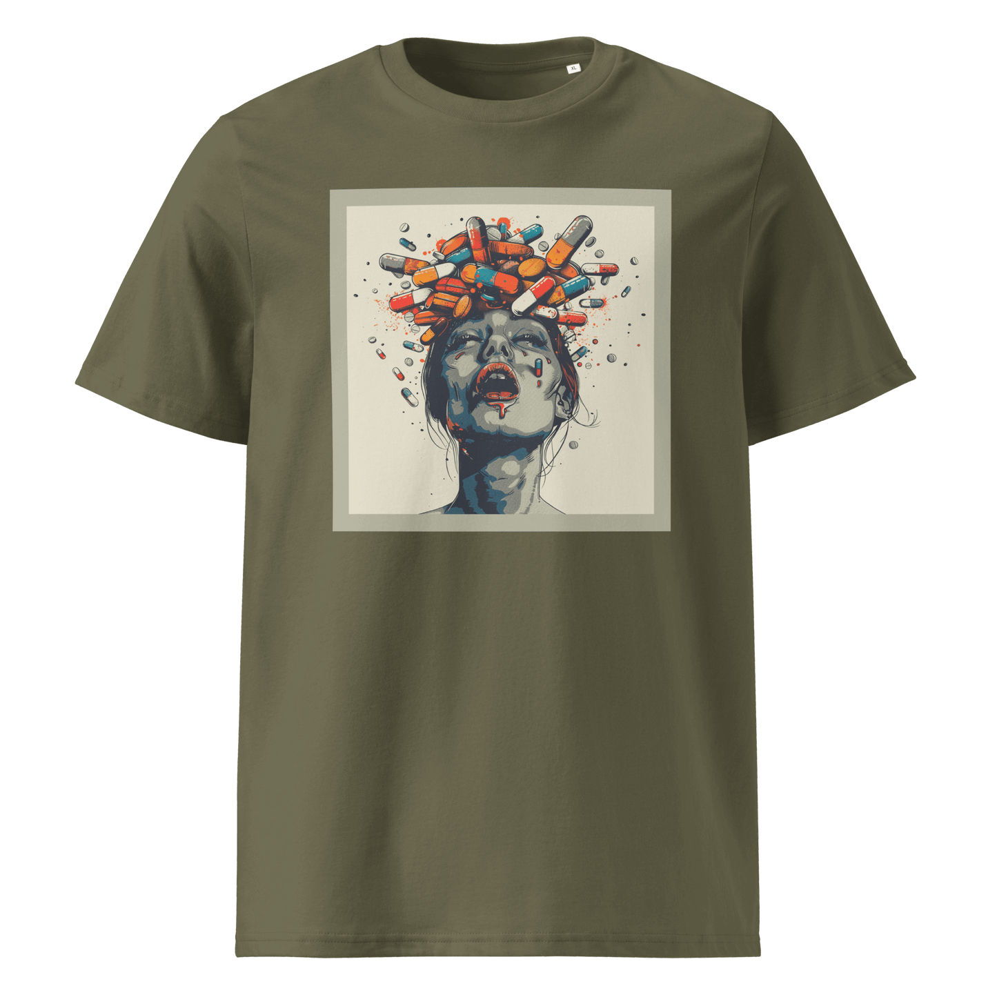 Print 'Crazy Pills' Organic Cotton T-shirt Khaki MILTTI